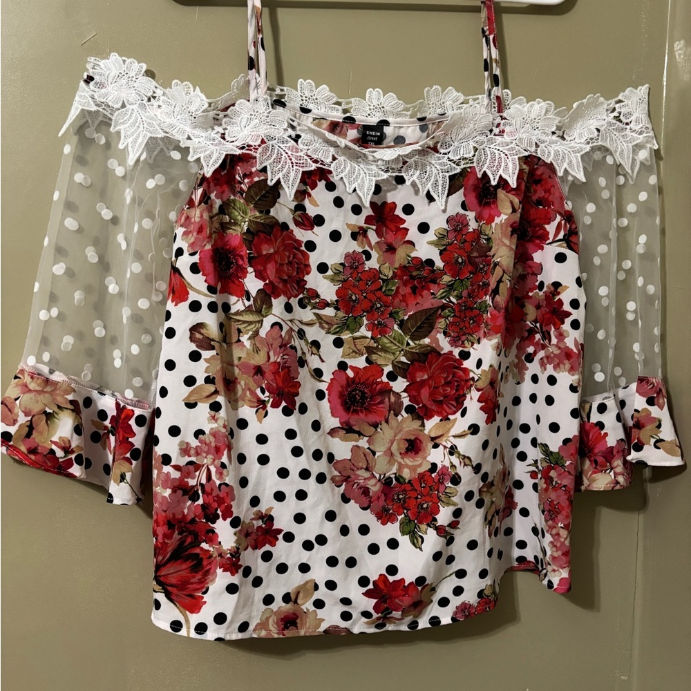SHEIN Floral and Polka Dot Off-Shoulder Blouse